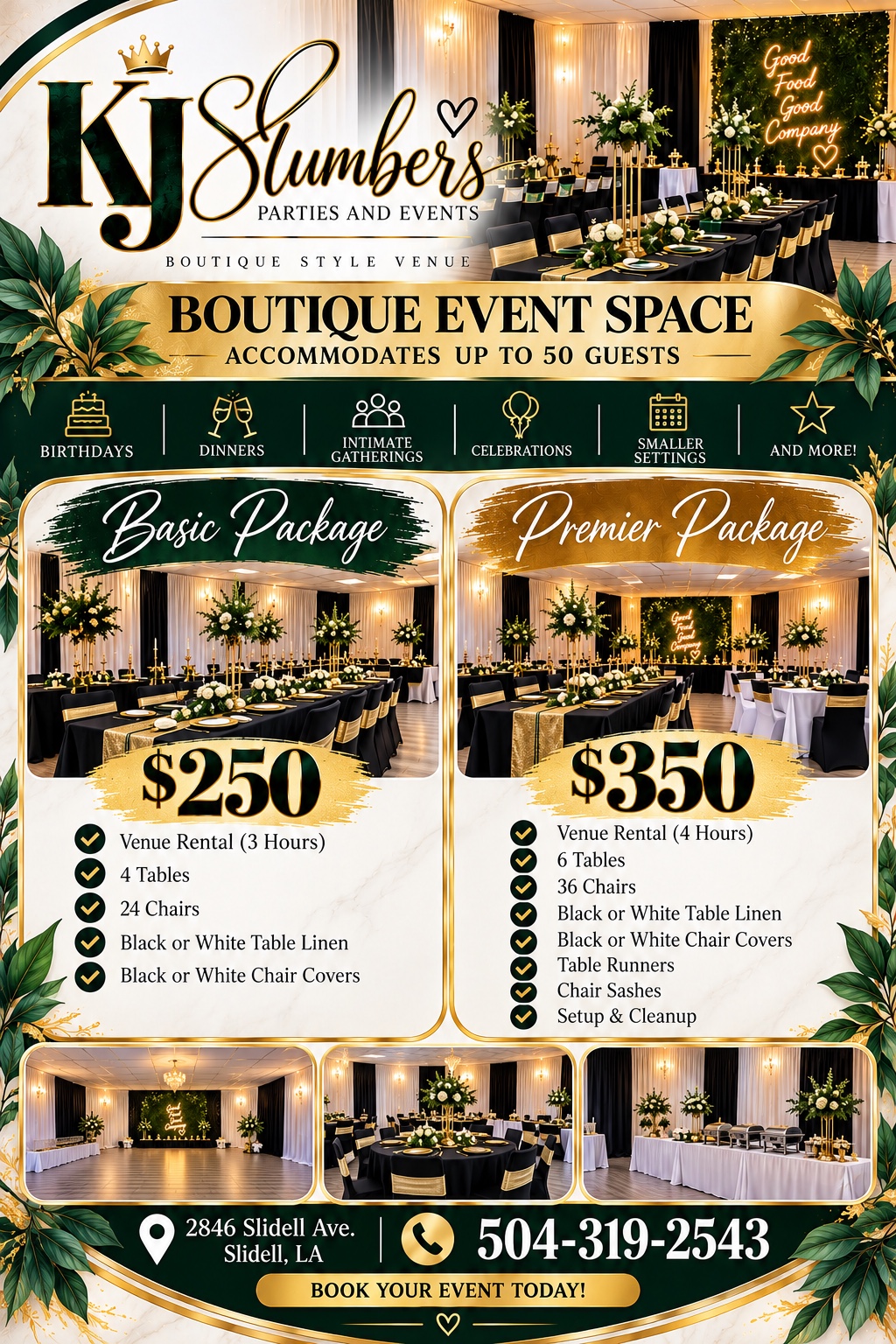 KJ Slumbers hall rental package flyer
